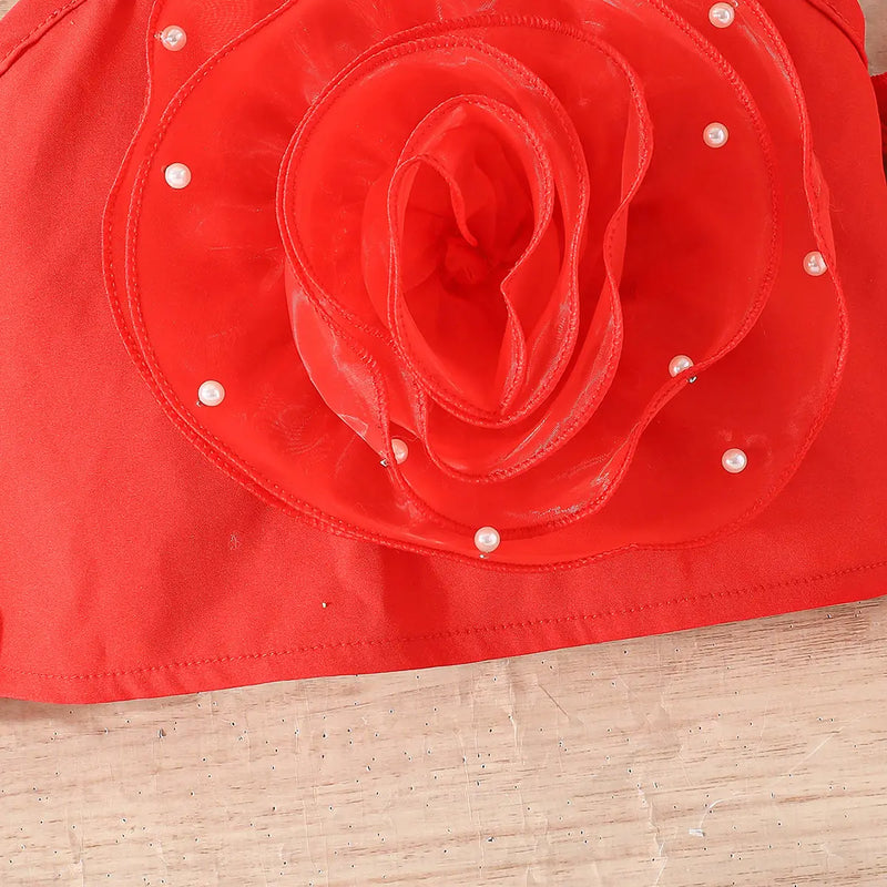 Girls Red Rose Cold Shoulder Top With Heart Embroidered Denim Shorts Sets Sets