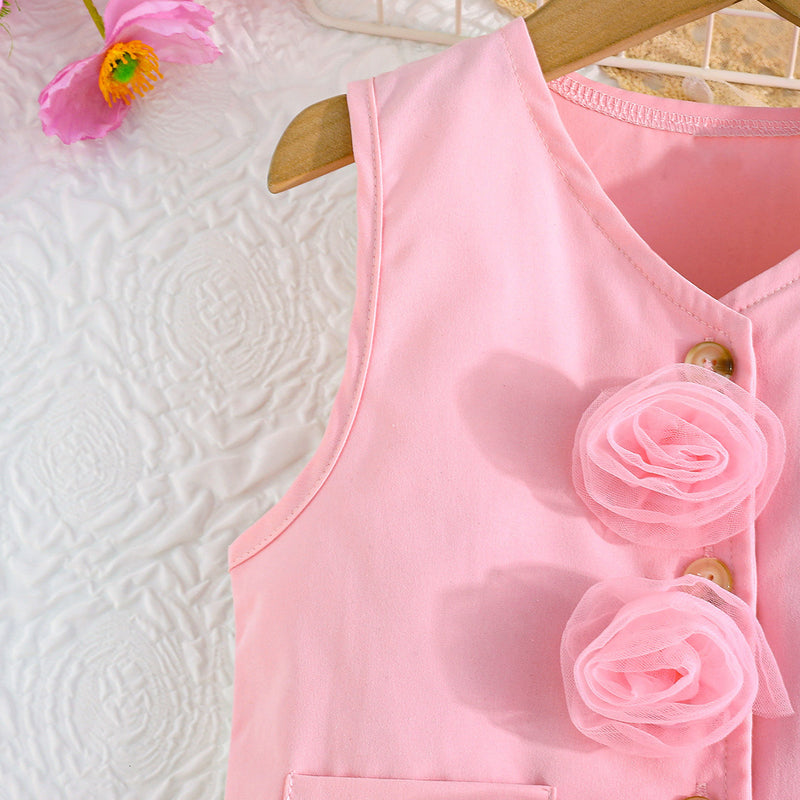 Girls Pink Rose Applique Waistcoat With Crop Top & Trousers Set 3 pc. Sets