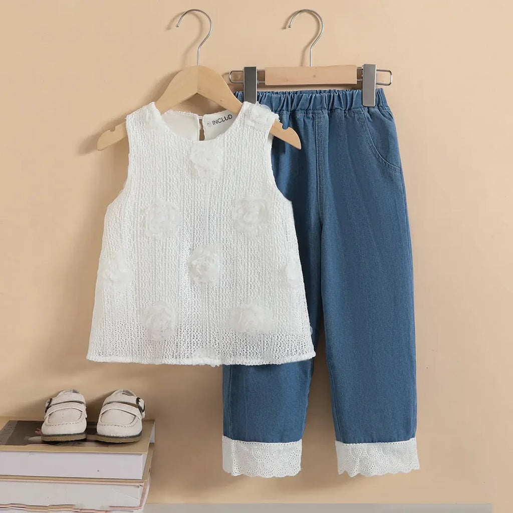 Girls White Floral Applique Top With Denim Pants Sets Sets White 3-4 Y