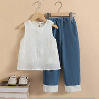 Girls White Floral Applique Top With Denim Pants Sets Sets White 3-4 Y