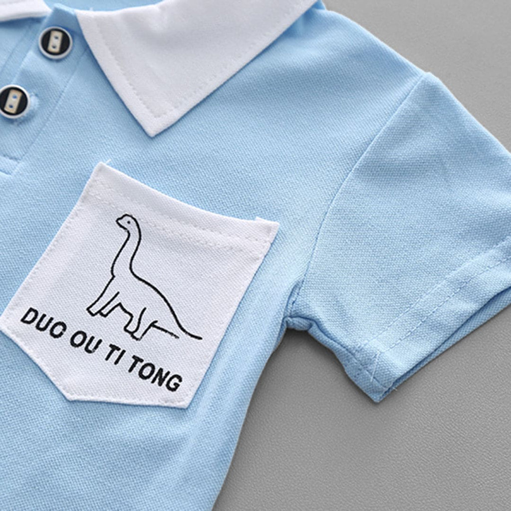 Boys Dinosaur Printed Polo T-Shirt With Denim Shorts