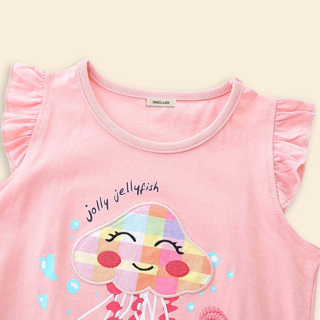 Girls Jellyfish Applique Top With Check Shorts 2 pc. Sets   