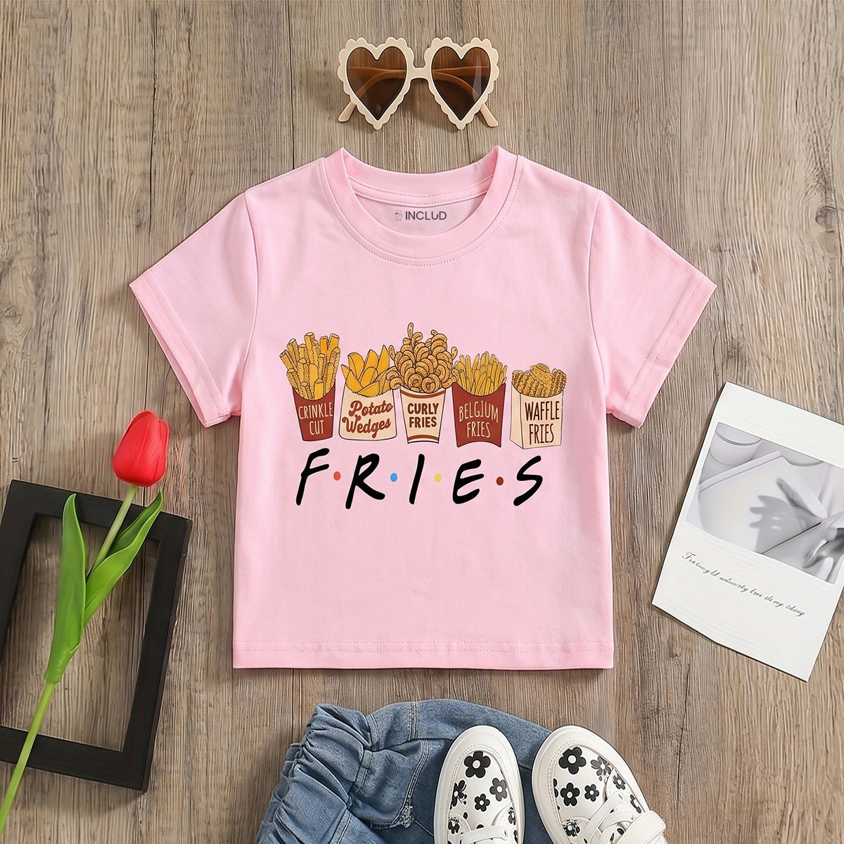 Girls Pink Fries Graphic Short Sleeve T-Shirt Tshirts Pink 1-2 Y