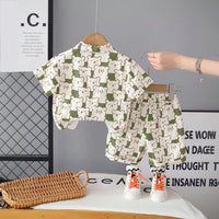Boys Green Allover Bear Print Shirt With Short & Sleeveless T-Shirt Sets Sets