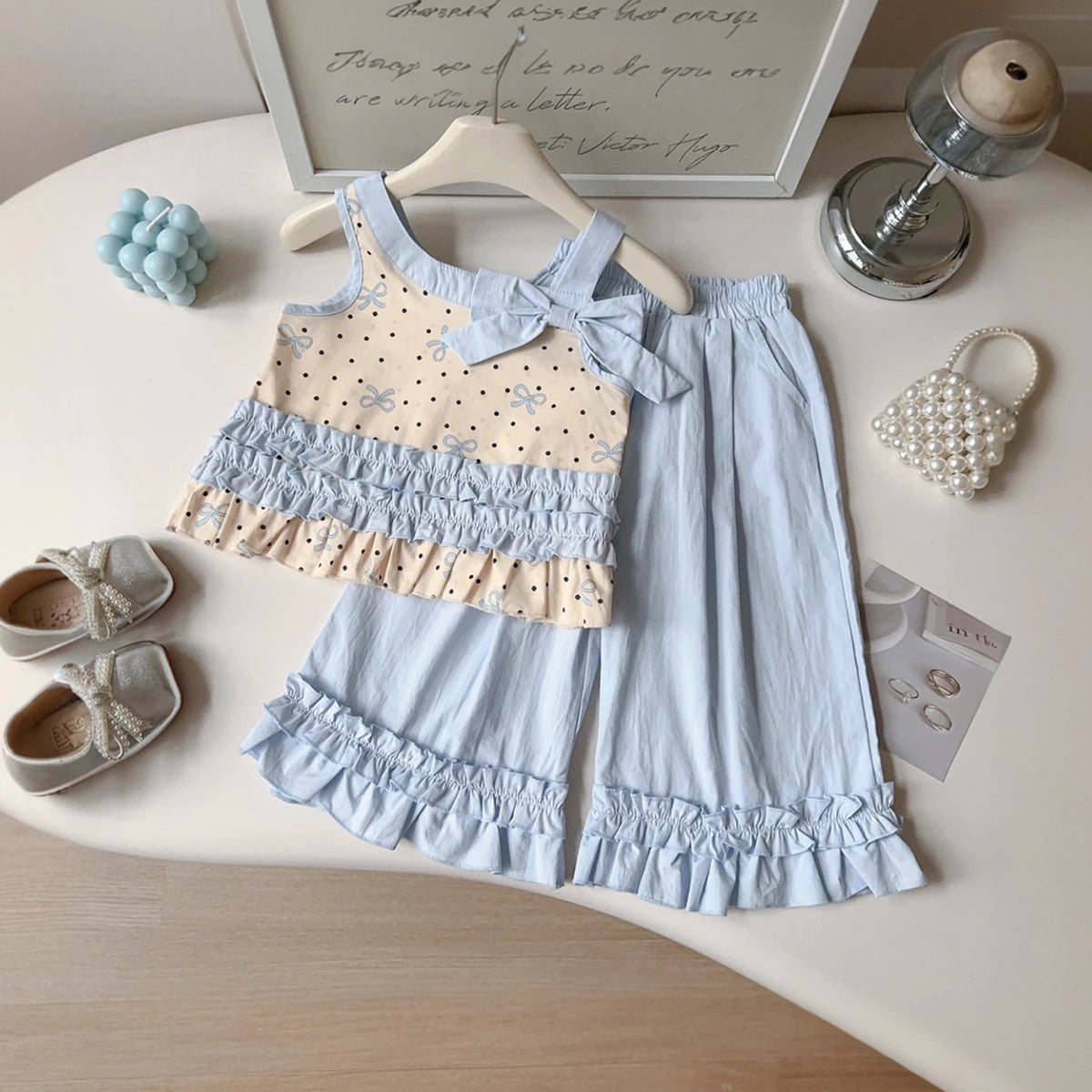 Girls Light Blue Polka Dot Printed Top with Elasticated Pants Sets 2 pc. Sets Light Blue 1-2 Y