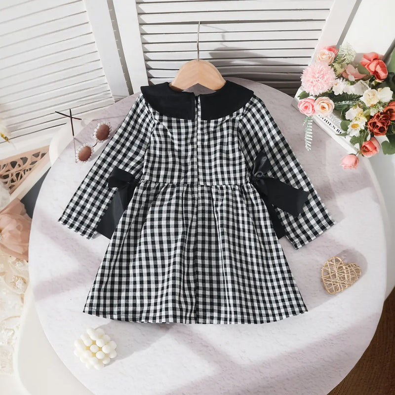 Girls Black Checked Long Sleeves Fit & Flare Dress With Bow Details Casual Dresses