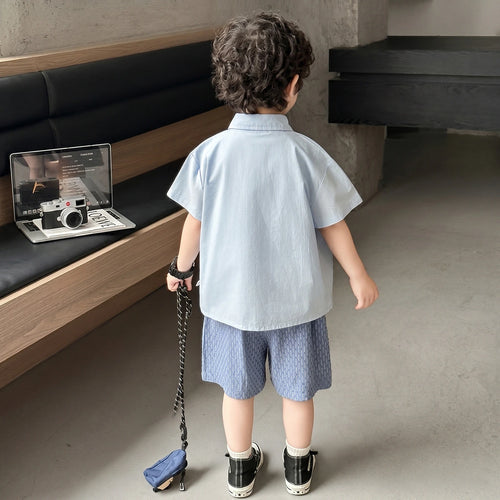Boys Light Blue Short Sleeves Shirt With Shorts Sets Sets