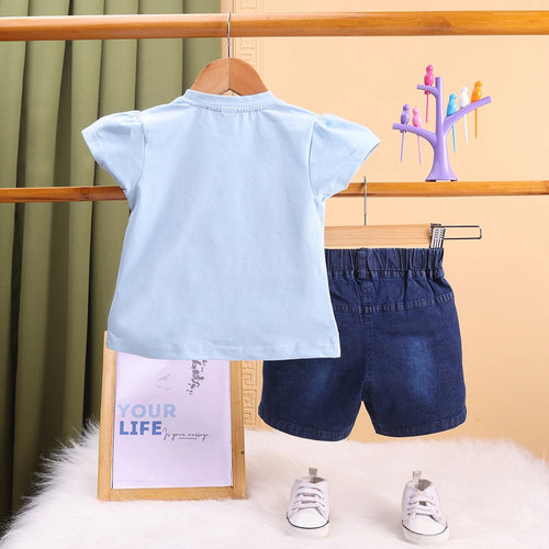 Girls Blue Cartoon Graphic Top With Denim Shorts Sets Sets