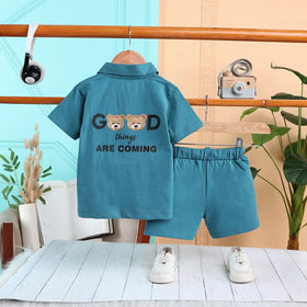 Boys Teal Typographic Printed Polo Short Sleeves T-Shirt With Drawstring Shorts Sets Sets