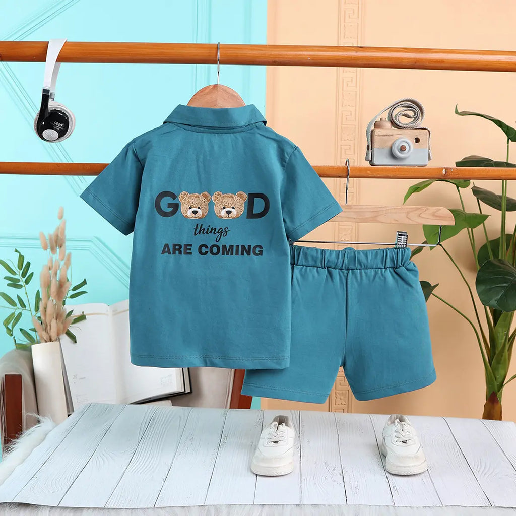 Boys Teal Typographic Printed Polo Short Sleeves T-Shirt With Drawstring Shorts Sets Sets