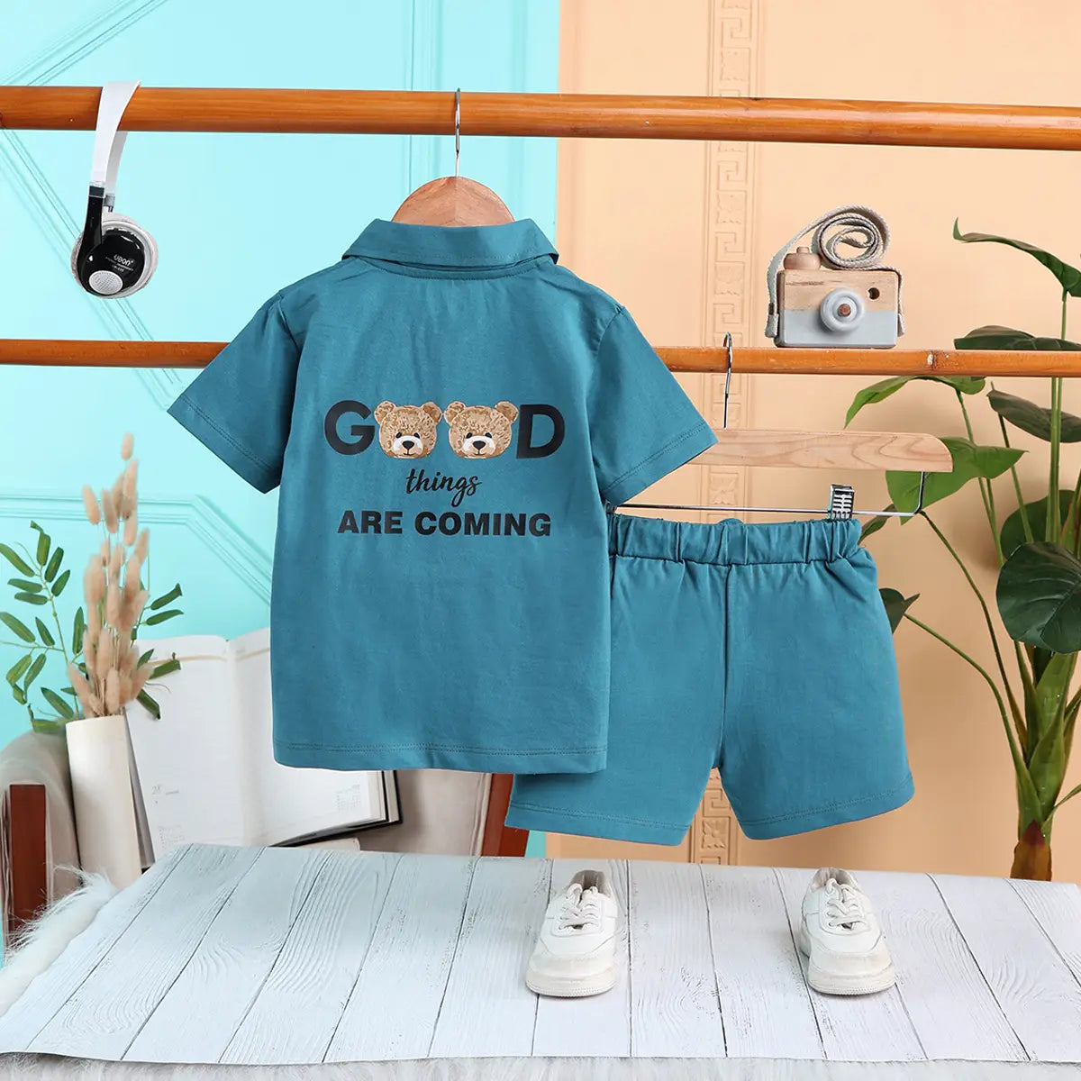 Boys Teal Typographic Printed Polo Short Sleeves T-Shirt With Drawstring Shorts Sets Sets