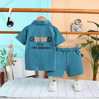 Boys Teal Typographic Printed Polo Short Sleeves T-Shirt With Drawstring Shorts Sets Sets