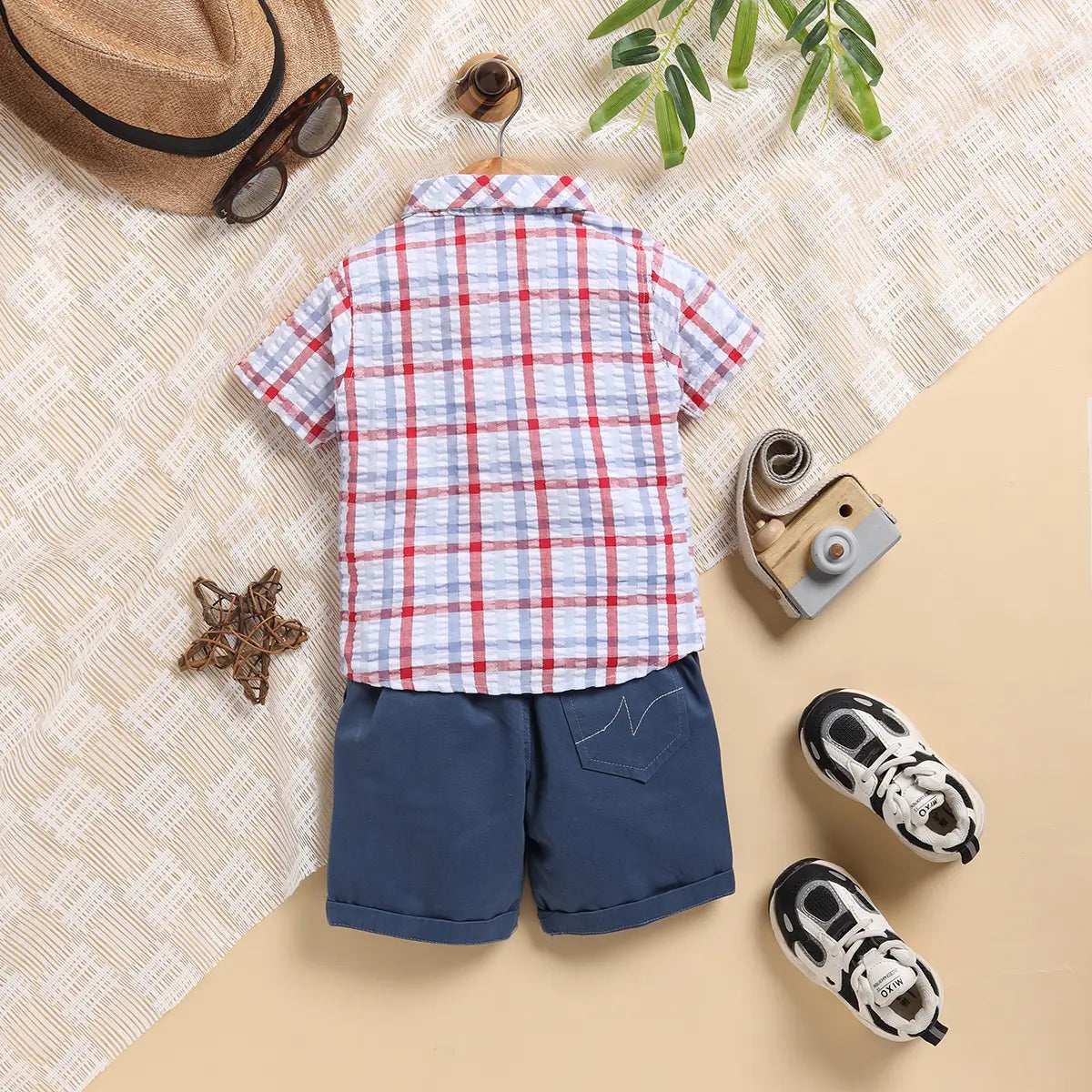 Boys Blue Checked Applique Shirt With Elasticated Shorts Sets 2 pc. Sets