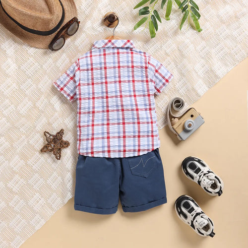 Boys Blue Checked Applique Shirt With Elasticated Shorts Sets 2 pc. Sets