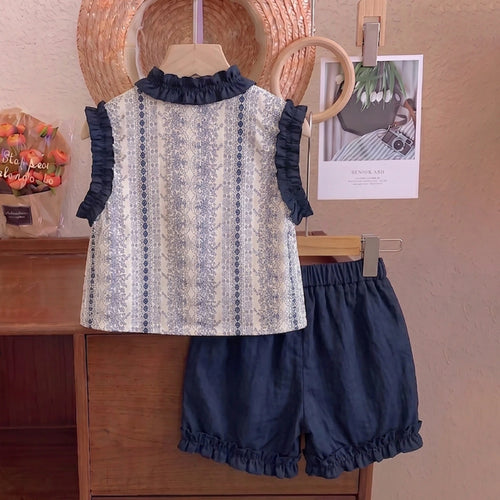 Girls Navy Blue Floral Print Sleeveless Top With Elasticated Shorts Sets 2 pc. Sets
