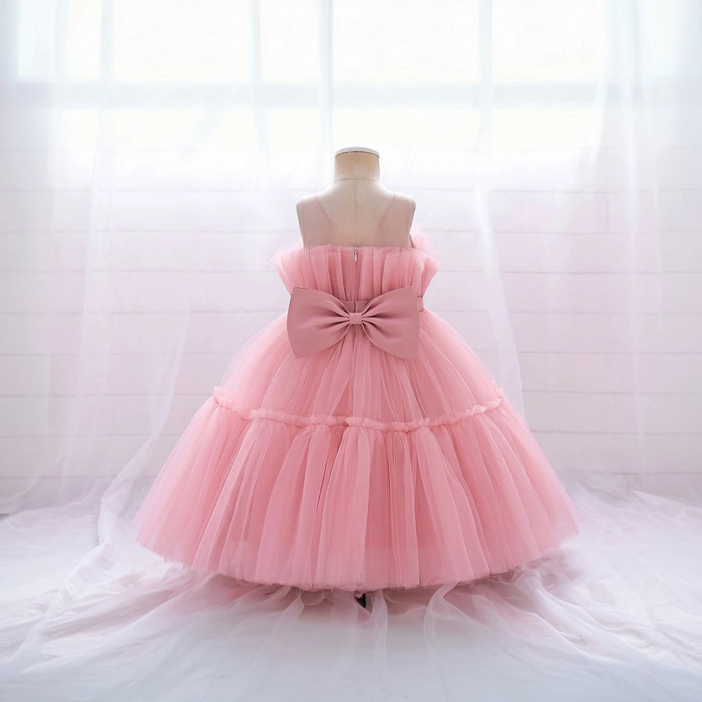 Girls Pink Sleeveless Tutu Partywear Dress With Back Bow Party Dresses