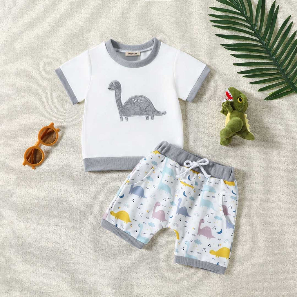 Boys Dinosaur Applique T-Shirt With Printed Shorts Set