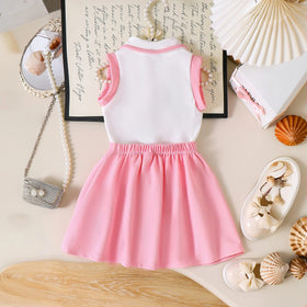 Girls White Textured Sleeveless Polo Top with Pleated Skirt Sets 2 pc. Sets