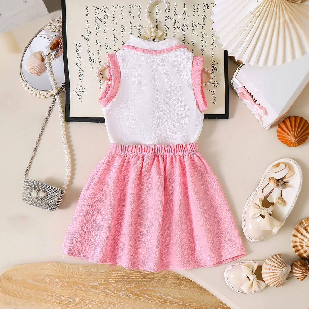 Girls White Textured Sleeveless Polo Top with Pleated Skirt Sets 2 pc. Sets