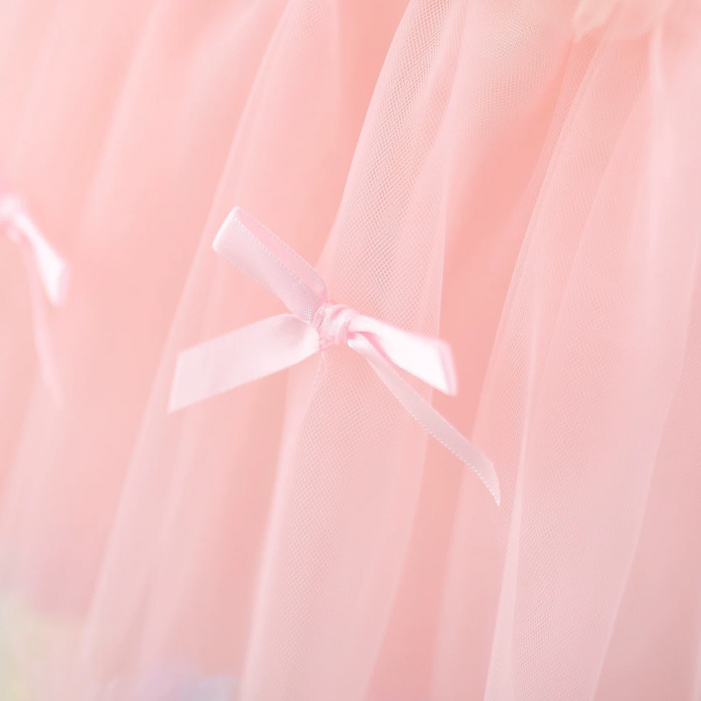 Girls Pink Tulle Overlay Fit & Flare Dress With Bow Details Casual Dresses