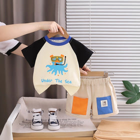 Boys Black Octopus Graphic Raglan Sleeve T-Shirt With Elasticated Shorts Sets 2 pc. Sets Black 1-2 Y
