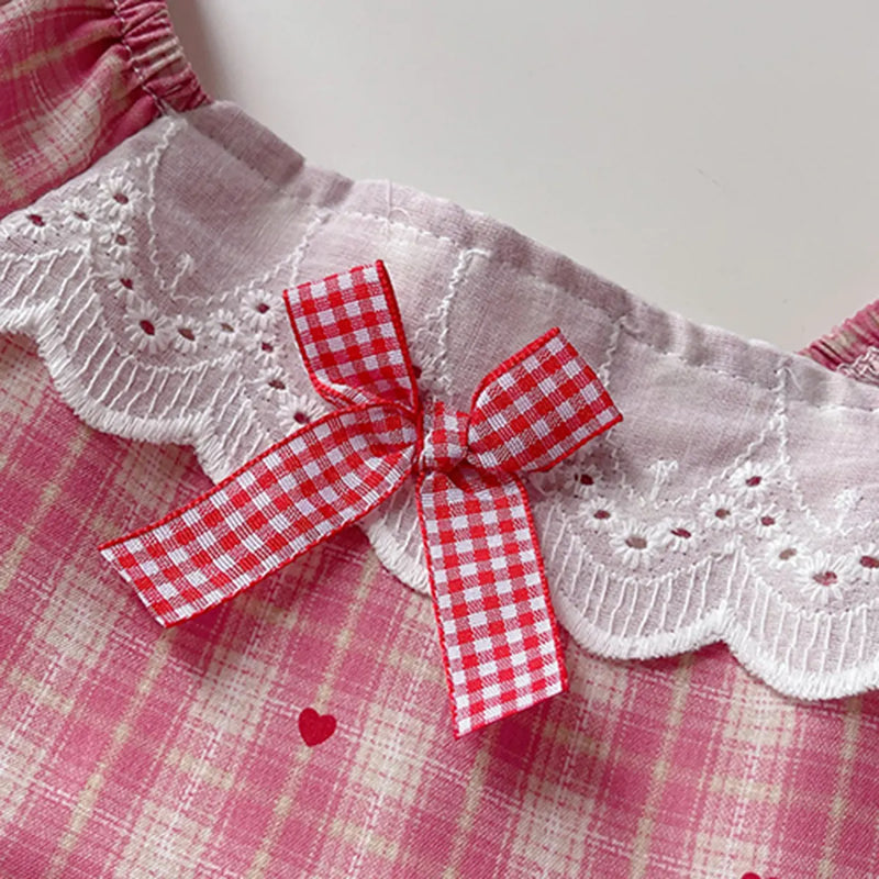 Girls Red Checked A-line Dress With Bow & Lace Trim Casual Dresses