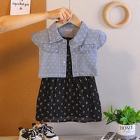 Girls Black Bow Printed A-Line Dress With Denim Jacket Casual Dresses Black 1-2 Y