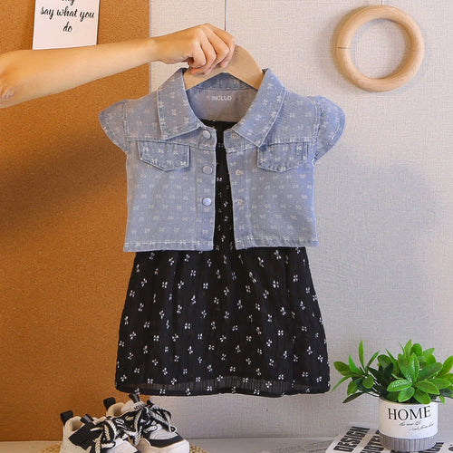 Girls Black Bow Printed A-Line Dress With Denim Jacket Casual Dresses Black 1-2 Y