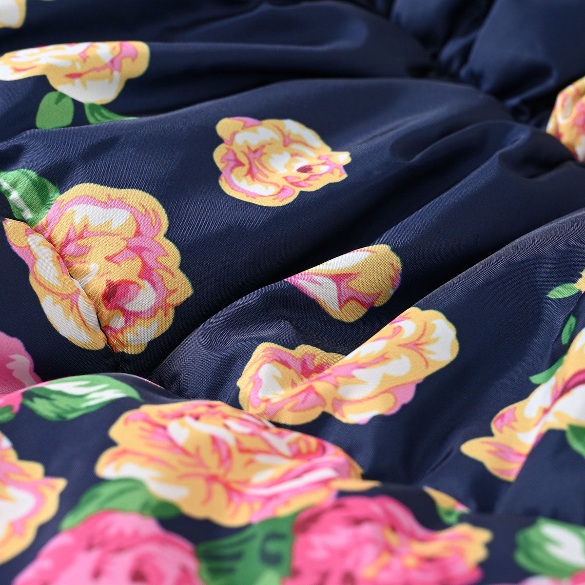 Girls Navy Blue Rose Printed Hooded Puffer Jacket Coats & Jackets
