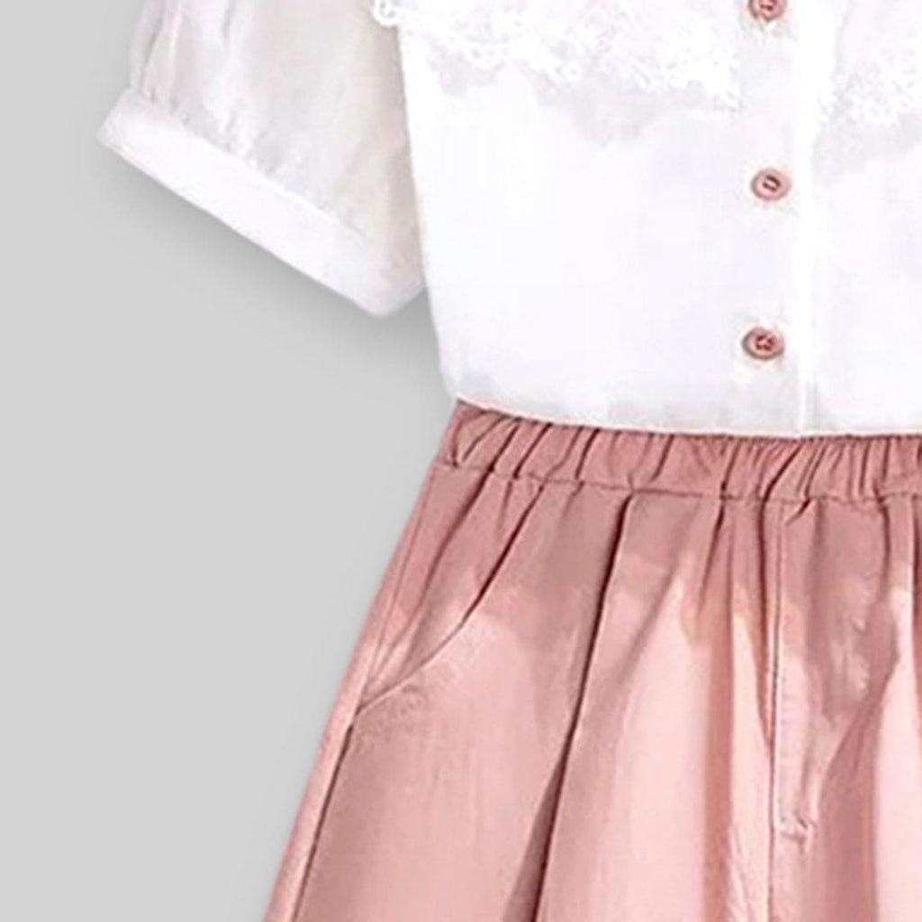 Girls Short Sleeve Peter Pan Collar Lace Top With Shorts Sets   