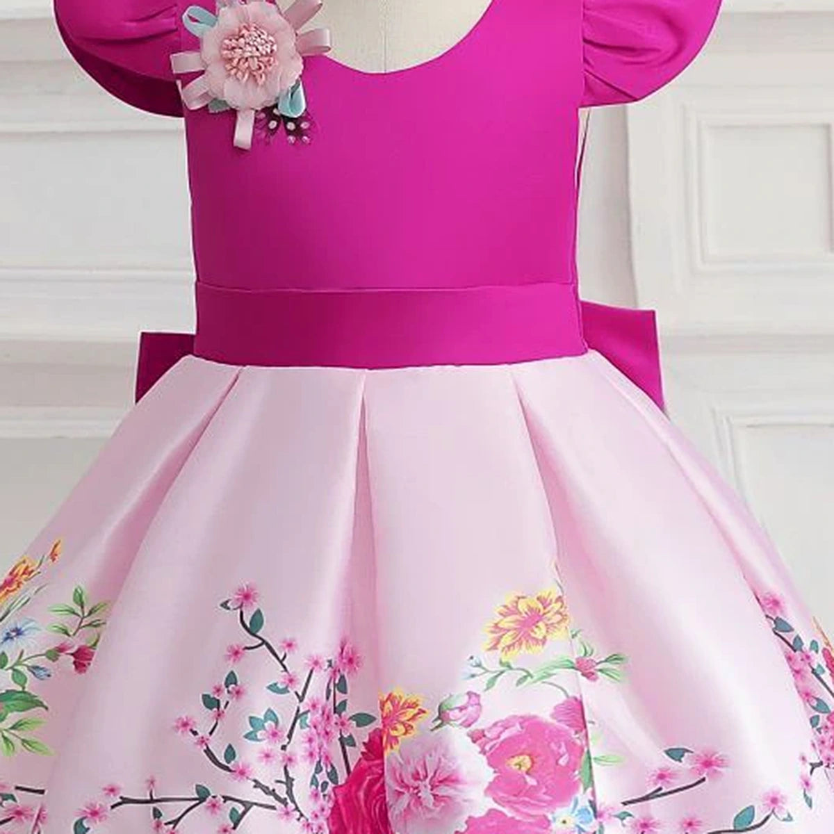 Girls Fuchsia Floral Print Flutter Sleeve Fit & Flare Party Wear Dress Party Dresses