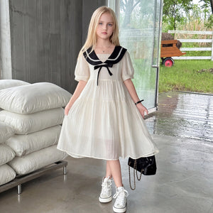 Girls Cream Puff Sleeve Tiered Dress Casual Dresses Cream 3-4 Y