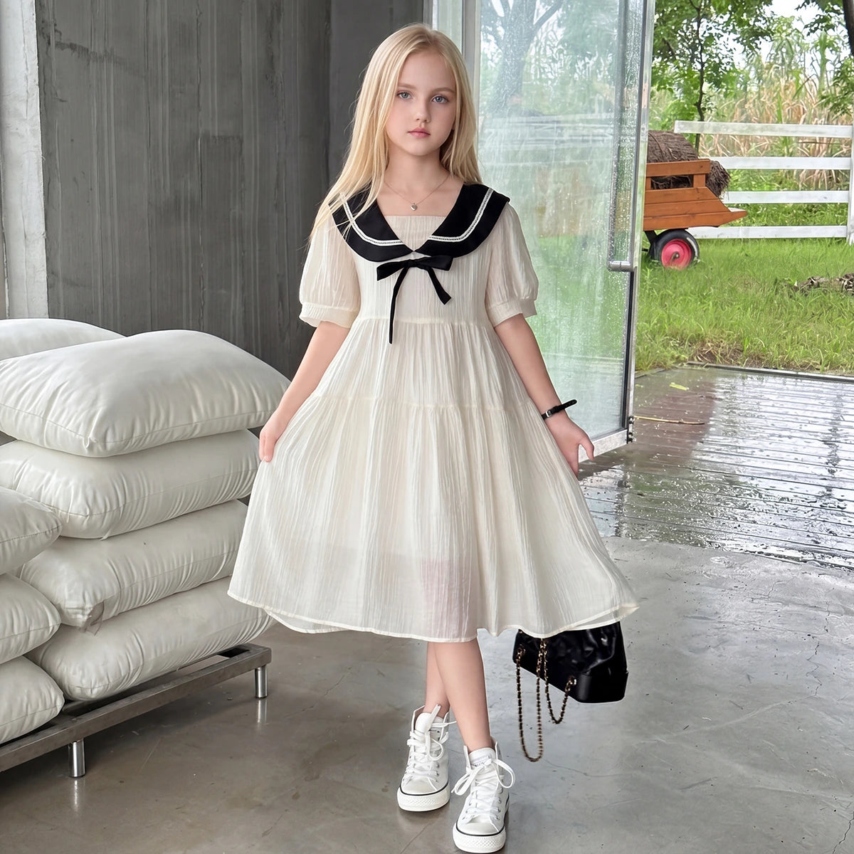 Girls Cream Puff Sleeve Tiered Dress Casual Dresses Cream 3-4 Y