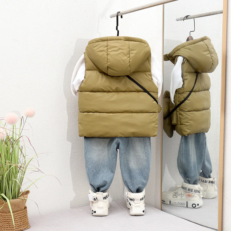 Boys Khaki Hooded Sleeveless Puffer Vest With Patch Pockets Coats & Jackets