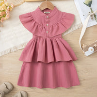 Girls Pink Self Stripes Layered Dress With Button Details Casual Dresses Pink 1-2 Y
