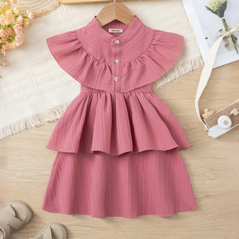 Girls Pink Self Stripes Layered Dress With Button Details Casual Dresses Pink 1-2 Y
