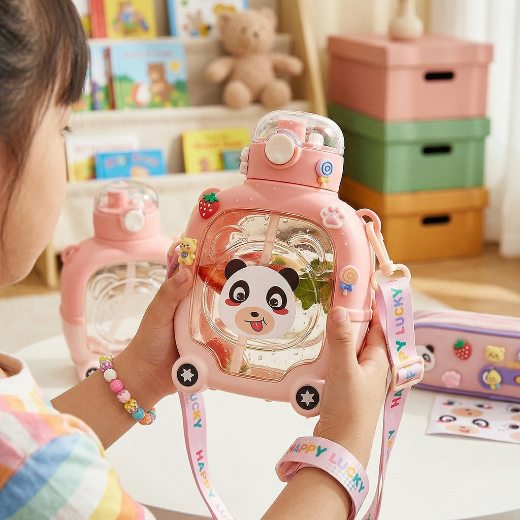 Kids Blush Pink Bear Cartoon Straw Water Bottle Trending Accessories