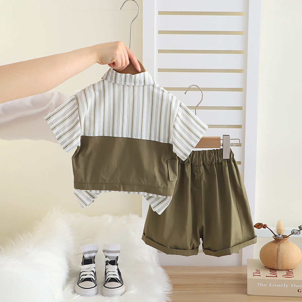 Boys Green Striped Short Sleeves Shirt With T-Shirt And Shorts Set Sets