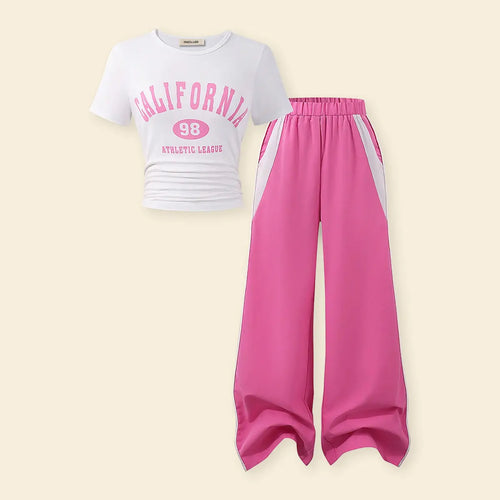 Girls Typographic Printed Top With Flared Pants Set Sets Pink 7-8 Y