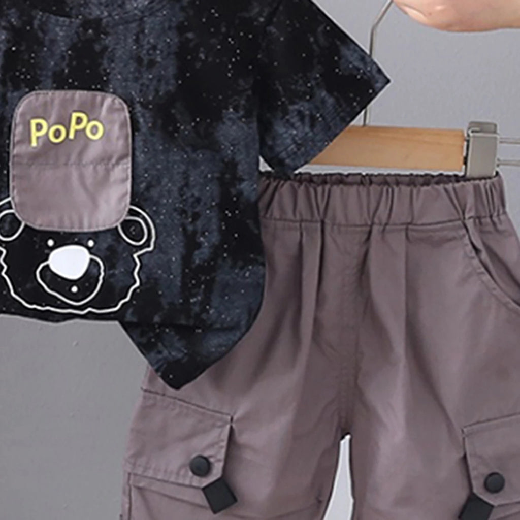 Boys Black Bear Graphic Printed Short Sleeve T-Shirt With Cargo Shorts Sets 2 pc. Sets