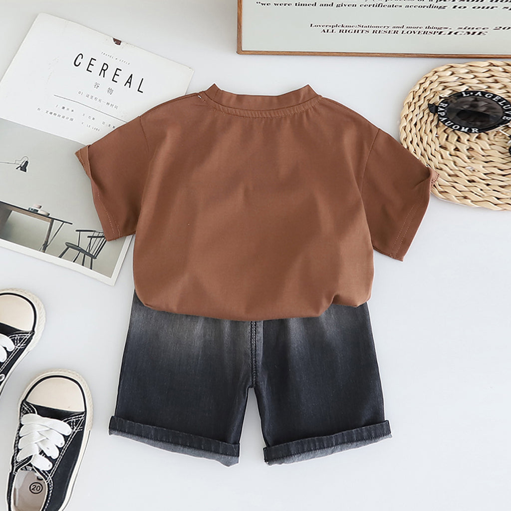 Boys Brown Printed Short Sleeves T-Shirt With Denim Shorts Set 2 pc. Sets