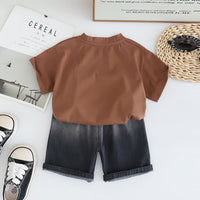Boys Brown Printed Short Sleeves T-Shirt With Denim Shorts Set 2 pc. Sets
