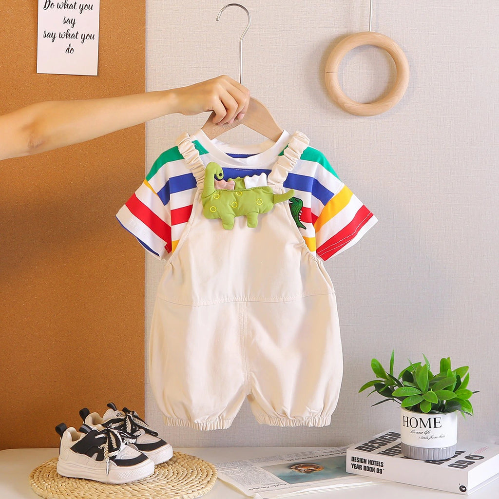 Boys Dinosaur Applique Short Sleeve Striped T-Shirt With Beige Dungaree Sets 2 pc. Sets Beige 1-2 Y