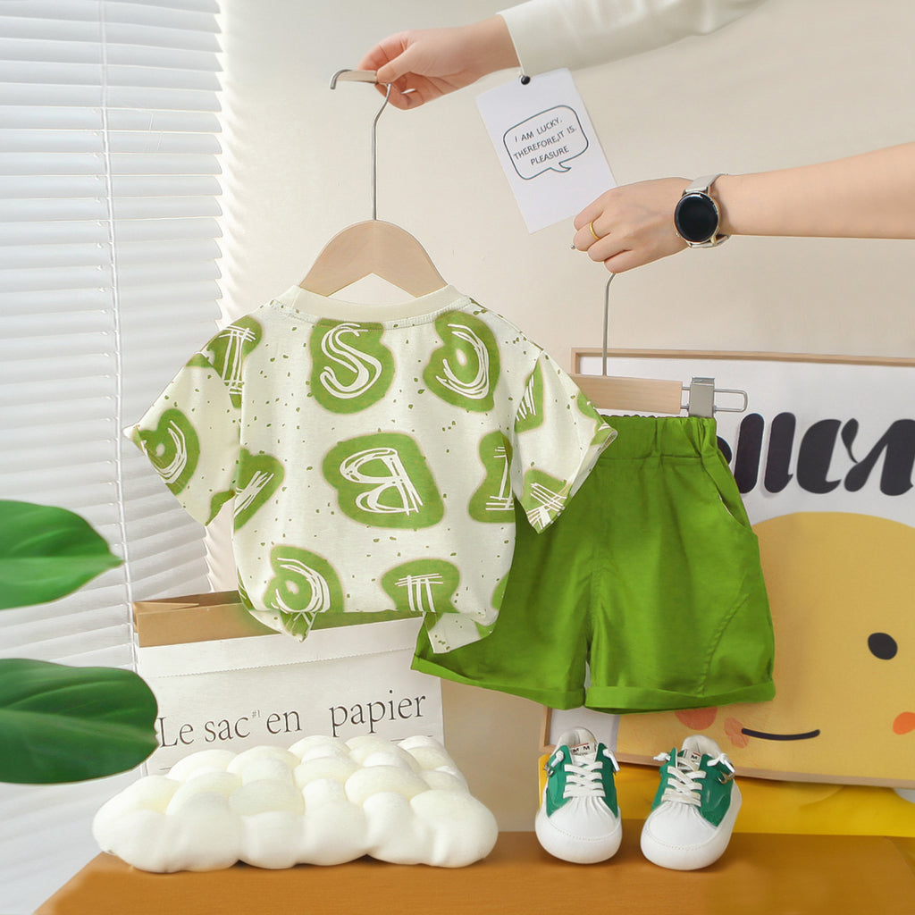Boys Green Typographic Printed T-Shirt With Shorts Set 2 pc. Sets
