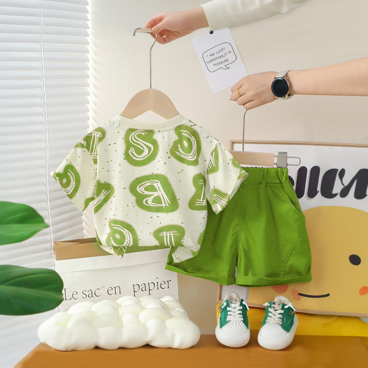 Boys Green Typographic Printed T-Shirt With Shorts Set 2 pc. Sets