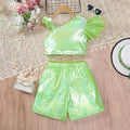 Girls Green Holographic One-Shoulder Crop Top with Shorts Set Sets Green 7-8 Y