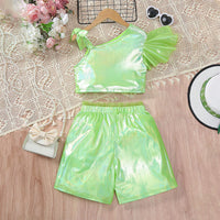 Girls Green Holographic One-Shoulder Crop Top with Shorts Set Sets Green 7-8 Y