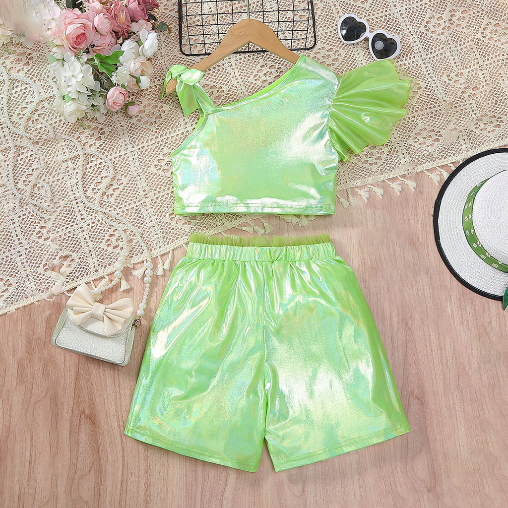 Girls Green Holographic One-Shoulder Crop Top with Shorts Set Sets Green 7-8 Y