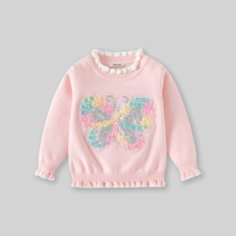 Girls Light Pink Butterfly Applique Regular Sweater Sweaters & Cardigans