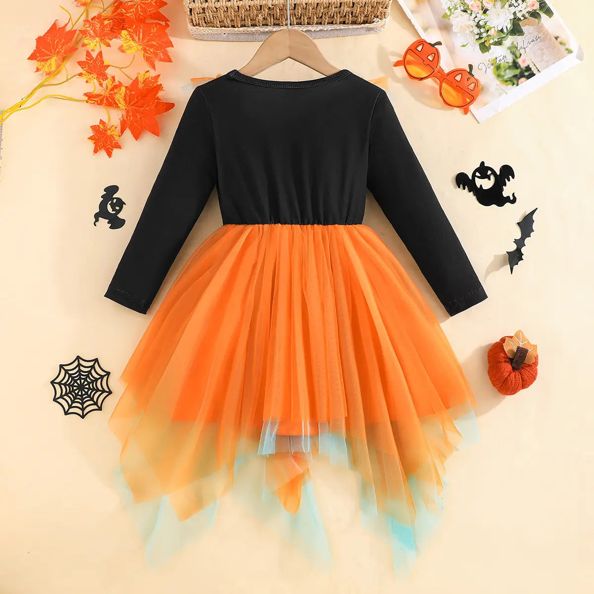 Girls Orange Cat Face Printed Halloween Fit & Flare Dress Casual Dresses